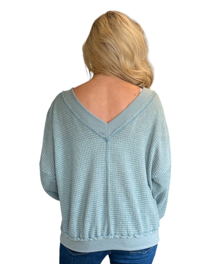 Sage Dual-V Waffle Textured Long Sleeve Top
