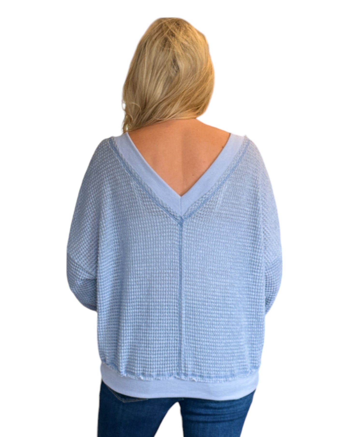 Slate Blue Dual-V Waffle Textured Long Sleeve Top