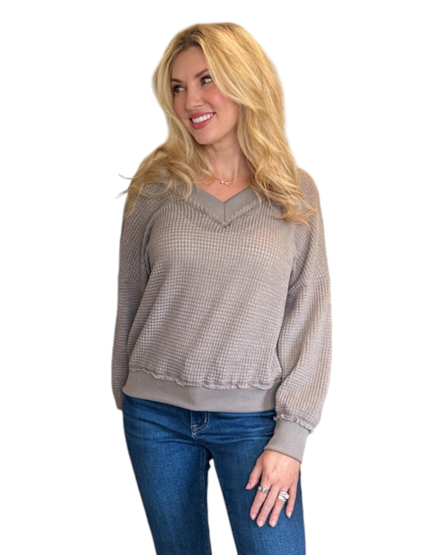 Mocha Dual-V Waffle Textured Long Sleeve Top