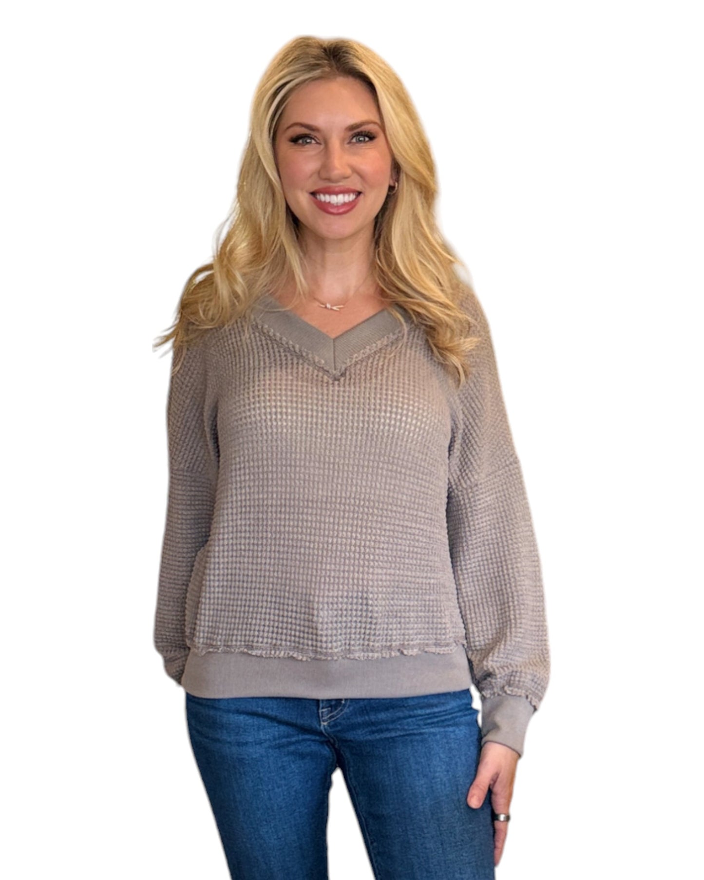 Mocha Dual-V Waffle Textured Long Sleeve Top