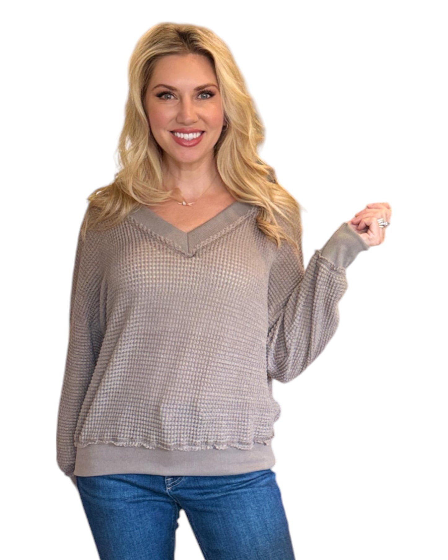 Mocha Dual-V Waffle Textured Long Sleeve Top