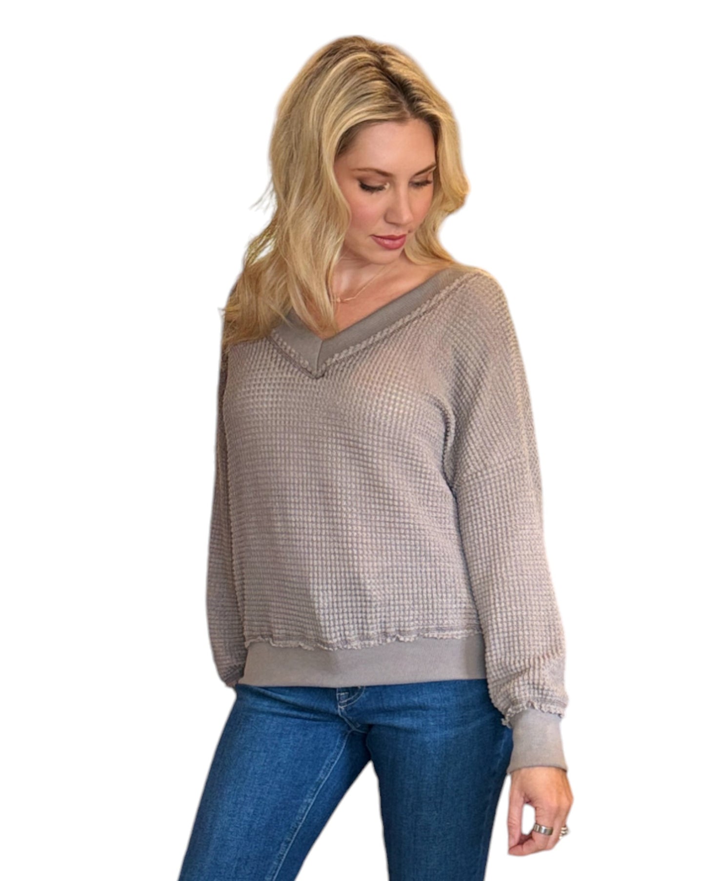 Mocha Dual-V Waffle Textured Long Sleeve Top
