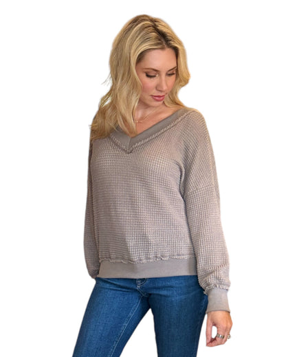 Mocha Dual-V Waffle Textured Long Sleeve Top