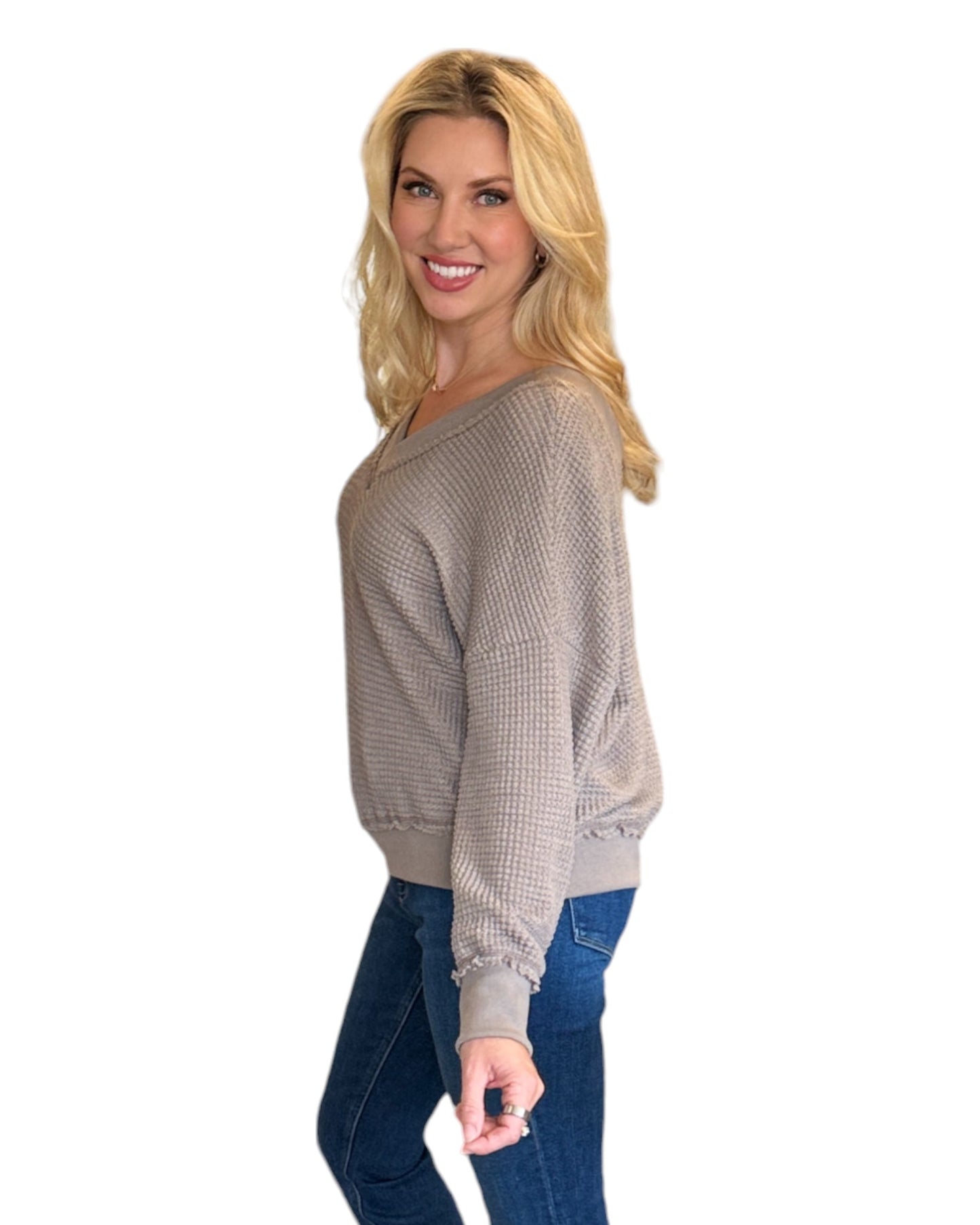 Mocha Dual-V Waffle Textured Long Sleeve Top