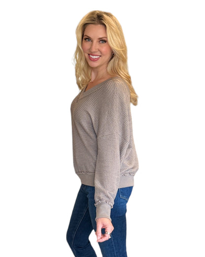 Mocha Dual-V Waffle Textured Long Sleeve Top