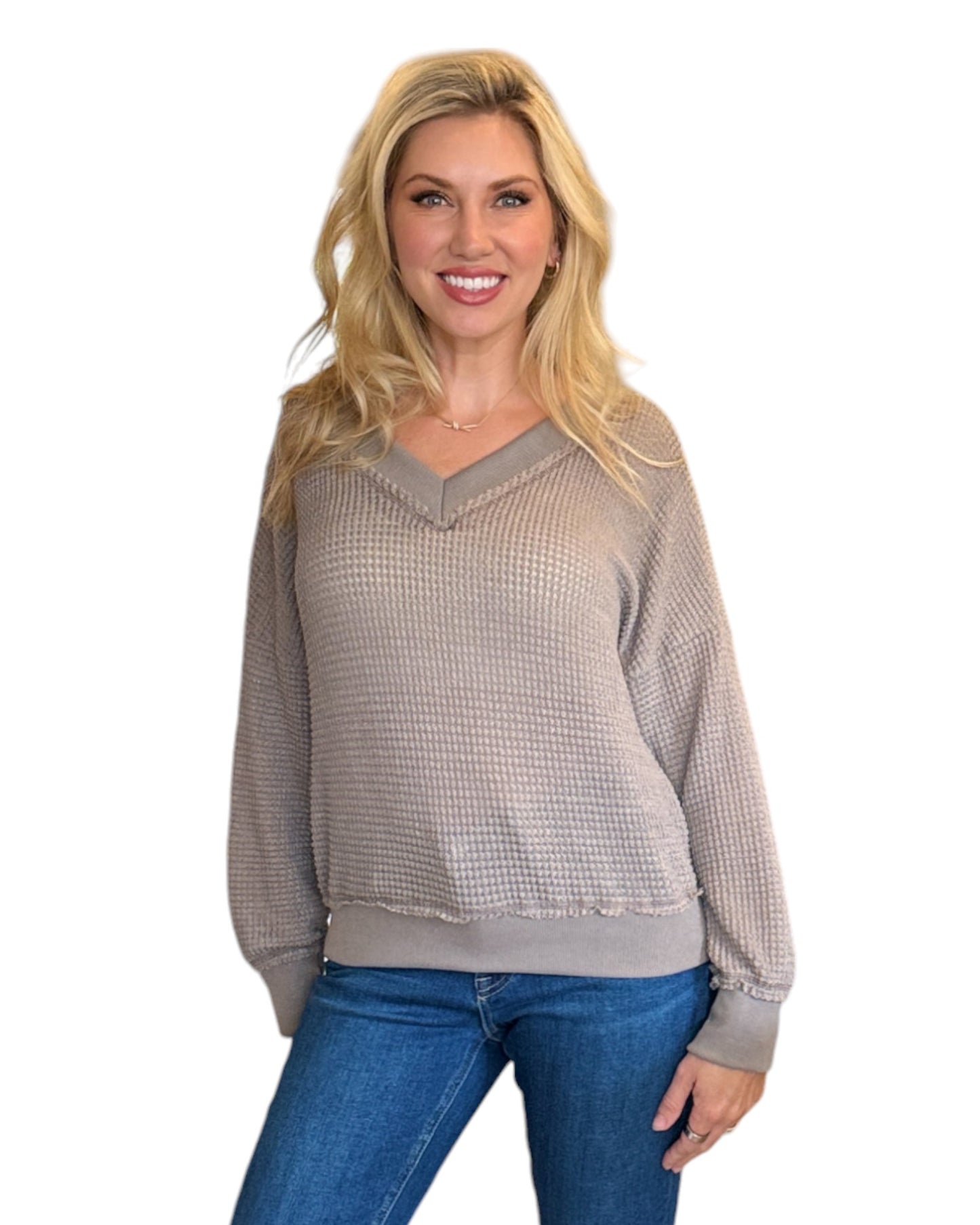 Mocha Dual-V Waffle Textured Long Sleeve Top
