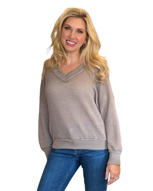 Mocha Dual-V Waffle Textured Long Sleeve Top
