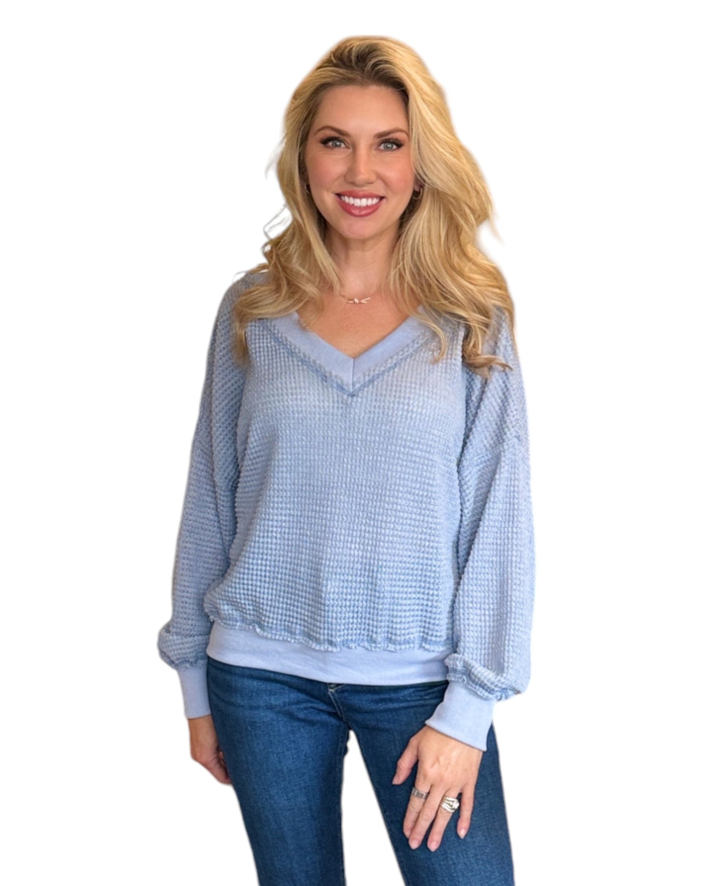 Slate Blue Dual-V Waffle Textured Long Sleeve Top