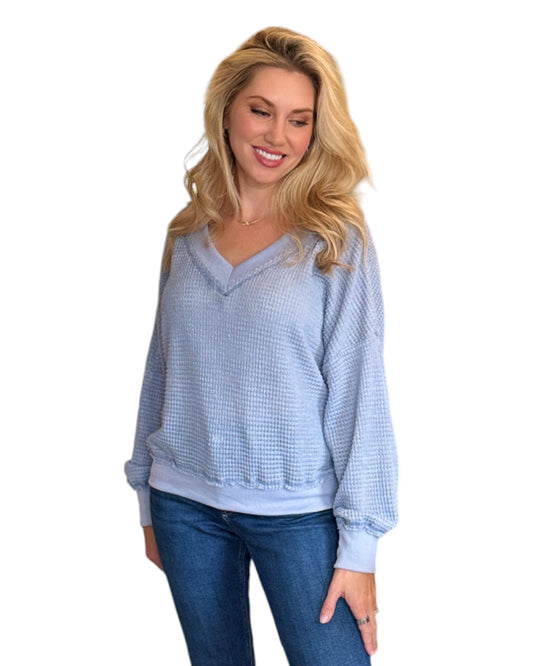 Slate Blue Dual-V Waffle Textured Long Sleeve Top