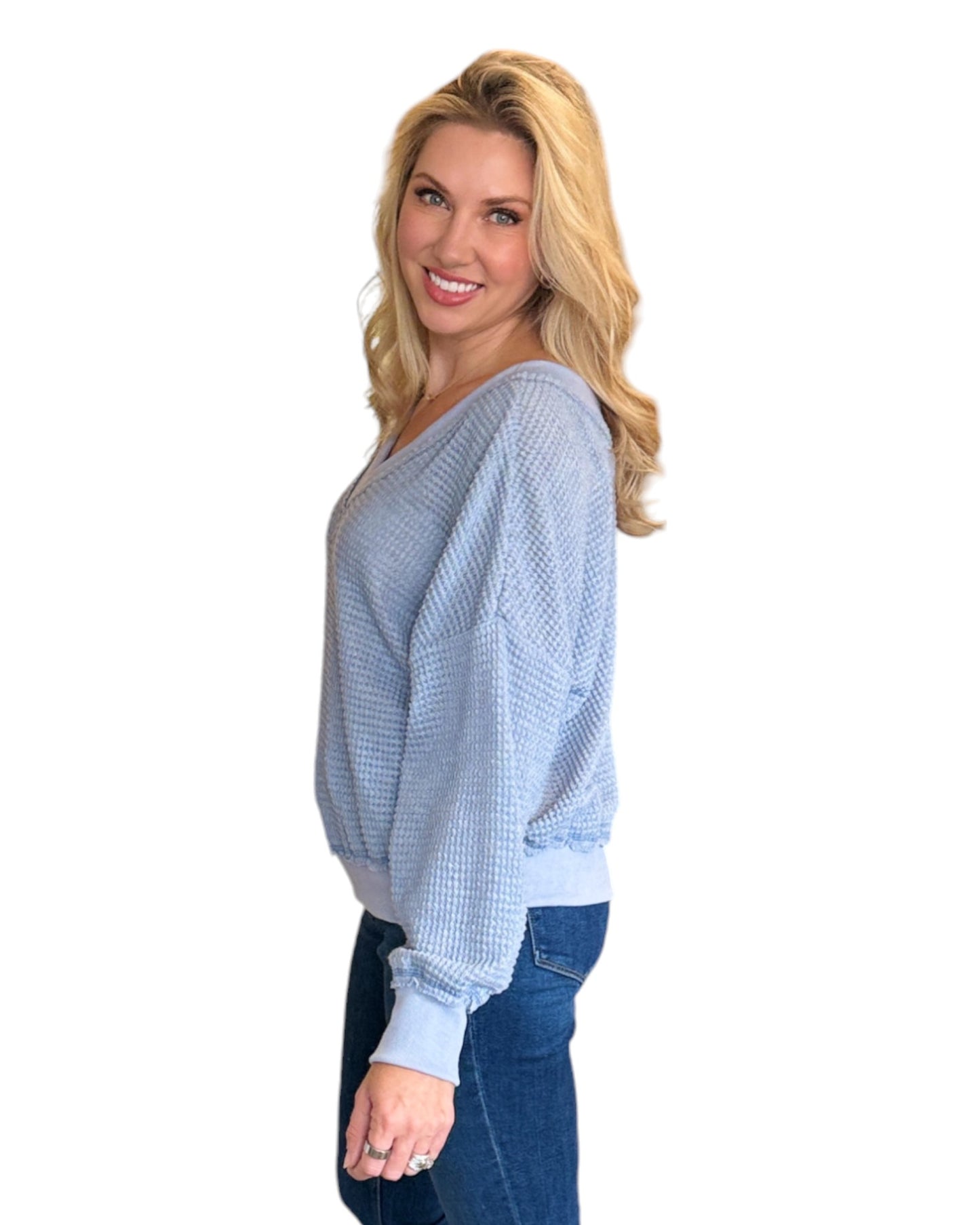 Slate Blue Dual-V Waffle Textured Long Sleeve Top