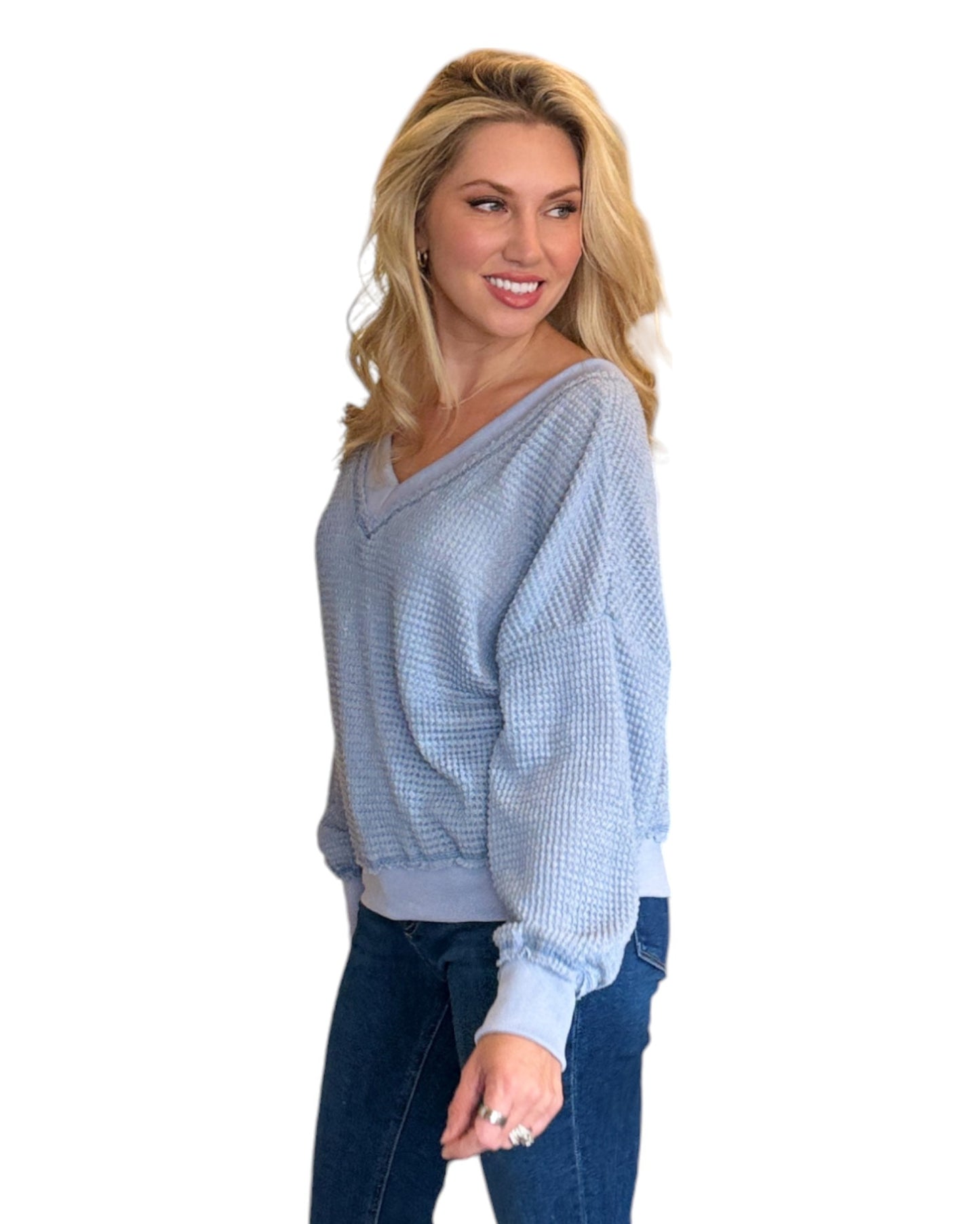 Slate Blue Dual-V Waffle Textured Long Sleeve Top