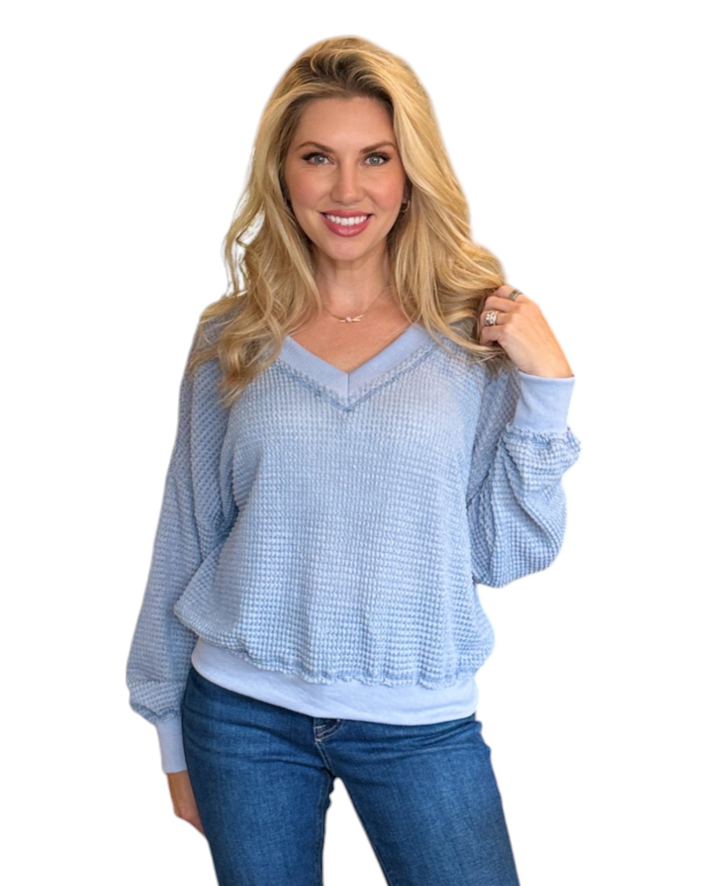 Slate Blue Dual-V Waffle Textured Long Sleeve Top