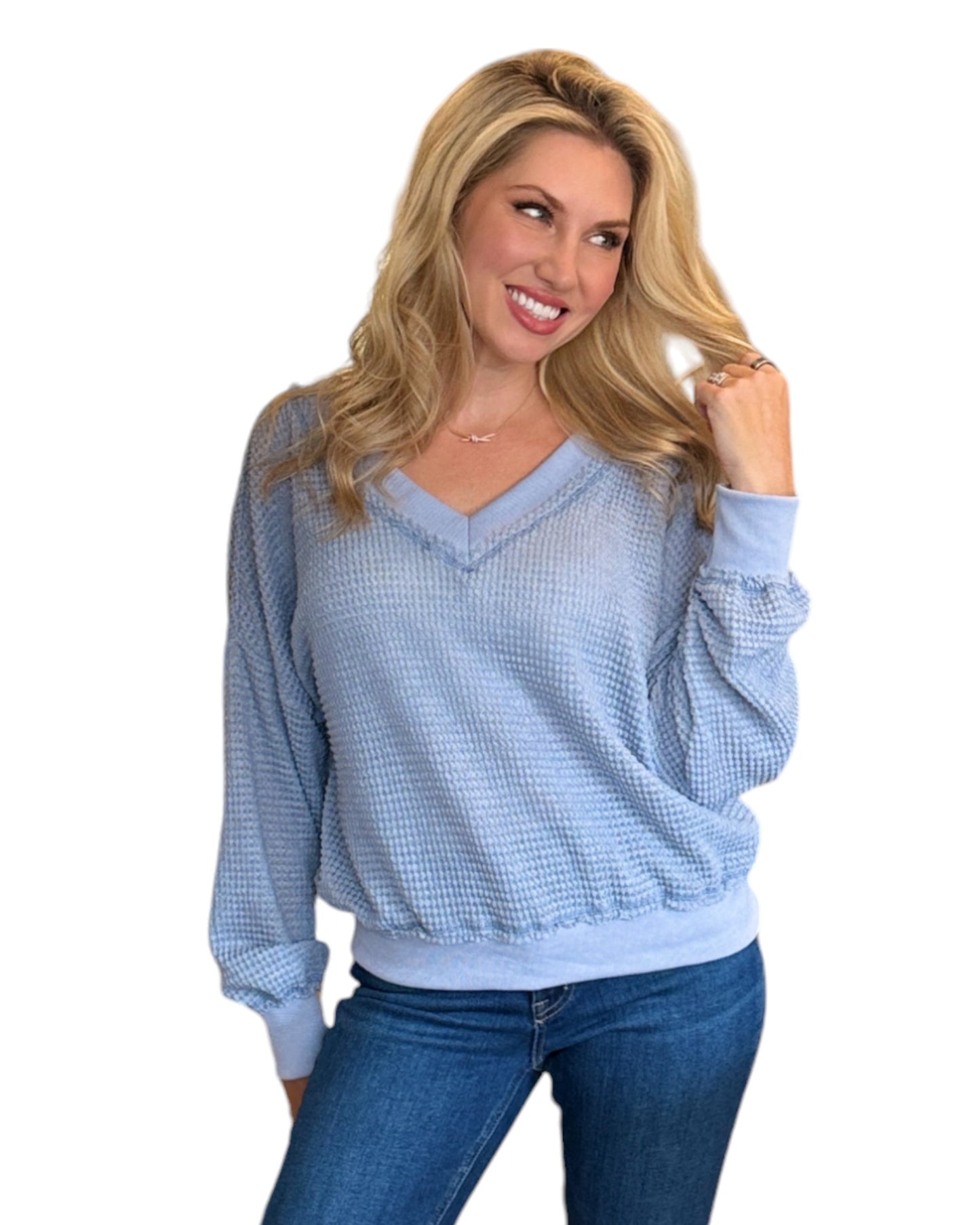 Slate Blue Dual-V Waffle Textured Long Sleeve Top