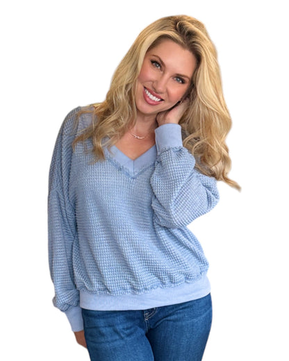 Slate Blue Dual-V Waffle Textured Long Sleeve Top