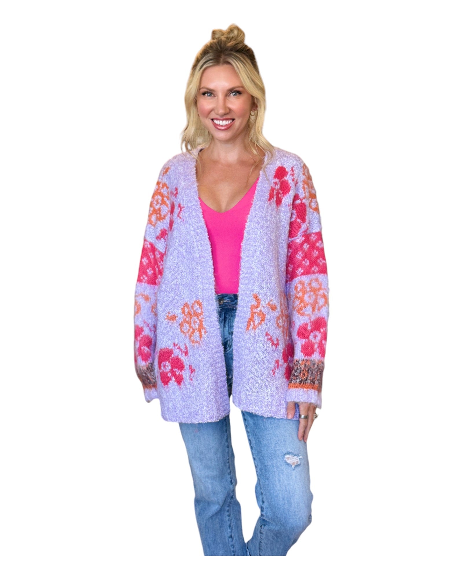 Fuzzy lavender floral cardigan with oversized fit and open front for a whimsical yet chic look.