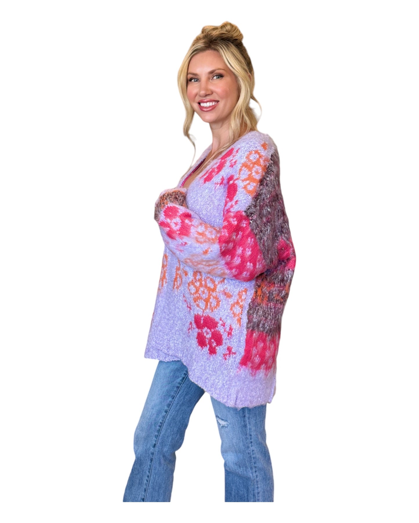 Fuzzy lavender floral cardigan with oversized fit and open front for a whimsical yet chic look.