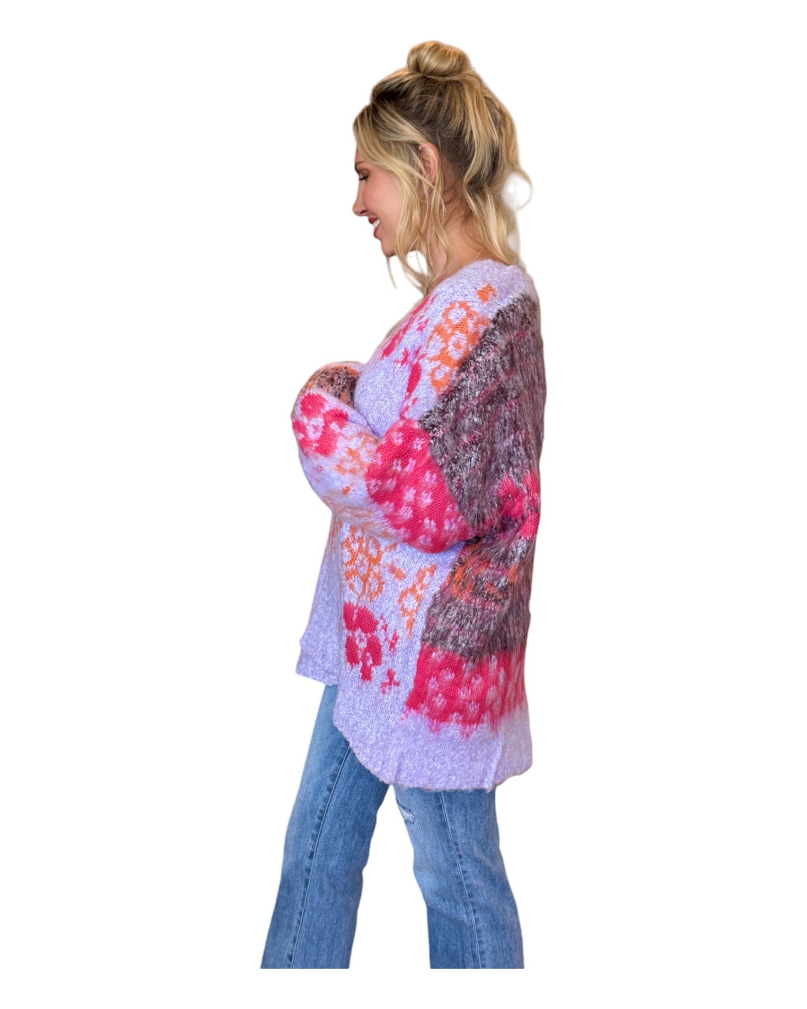 Fuzzy lavender floral cardigan with oversized fit and open front for a whimsical yet chic look.