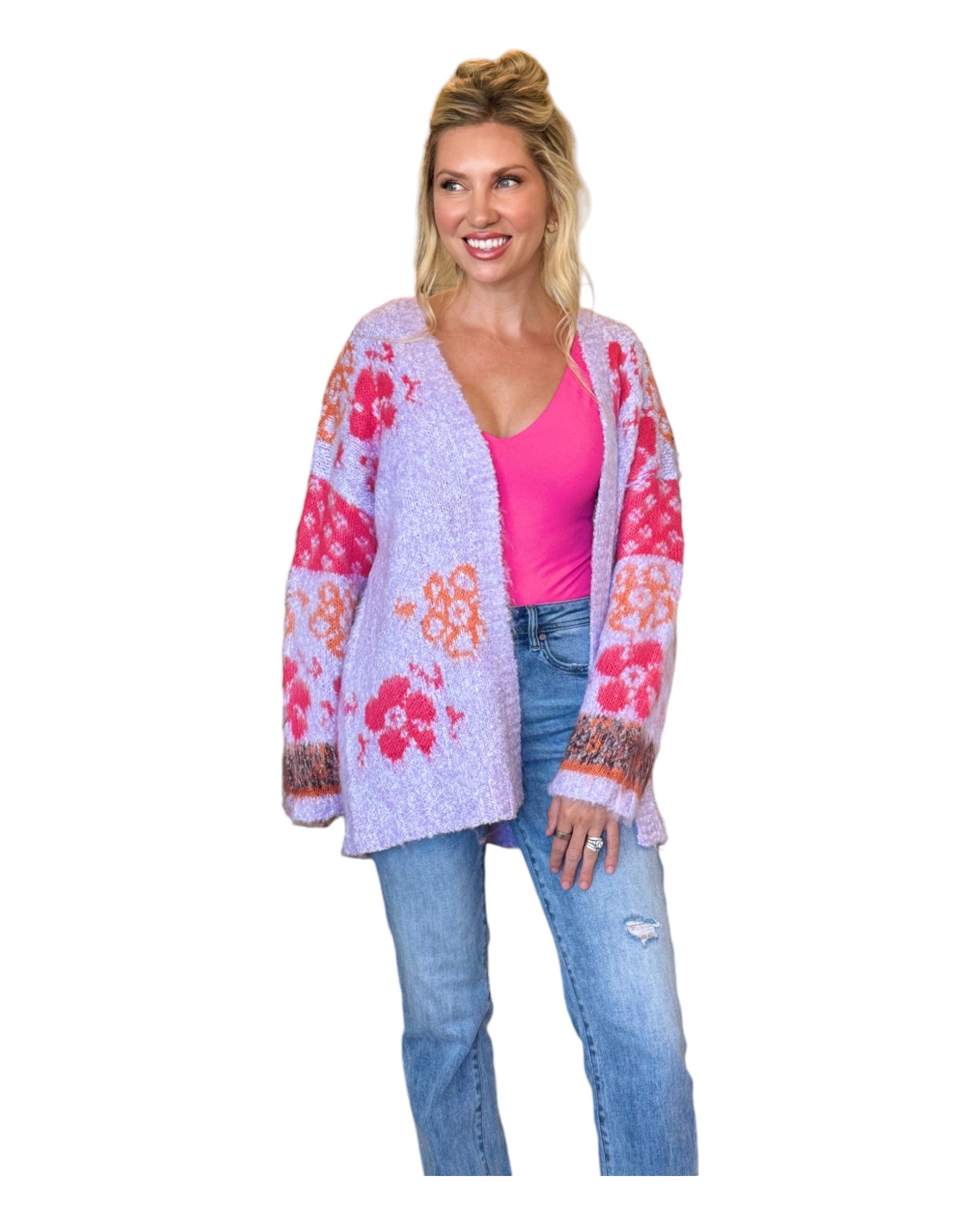 Fuzzy lavender floral cardigan with oversized fit and open front for a whimsical yet chic look.
