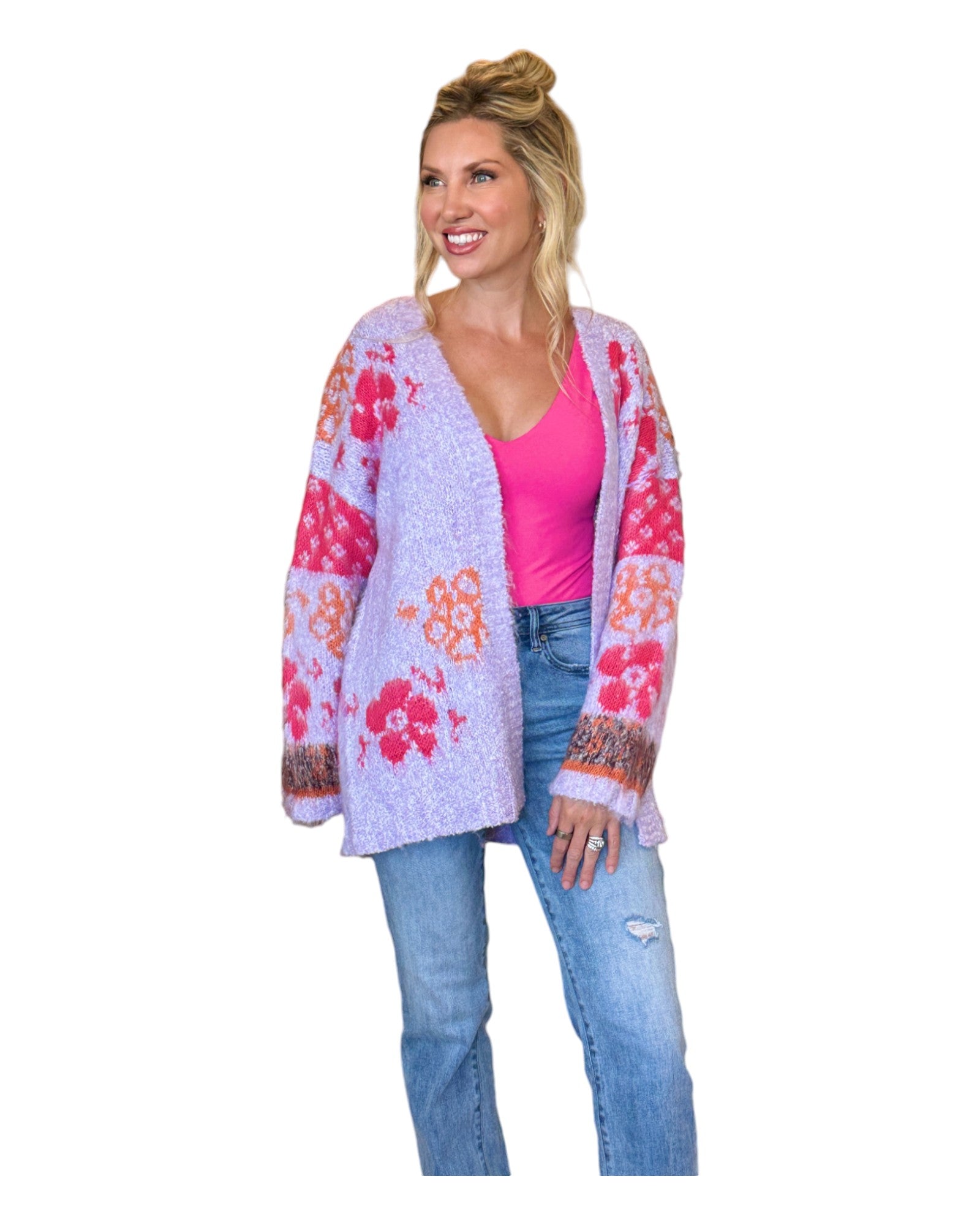 Fuzzy lavender floral cardigan with oversized fit and open front for a whimsical yet chic look.
