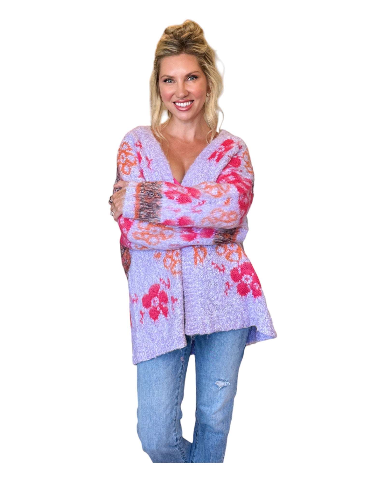 Fuzzy lavender floral cardigan with oversized fit and open front for a whimsical yet chic look.