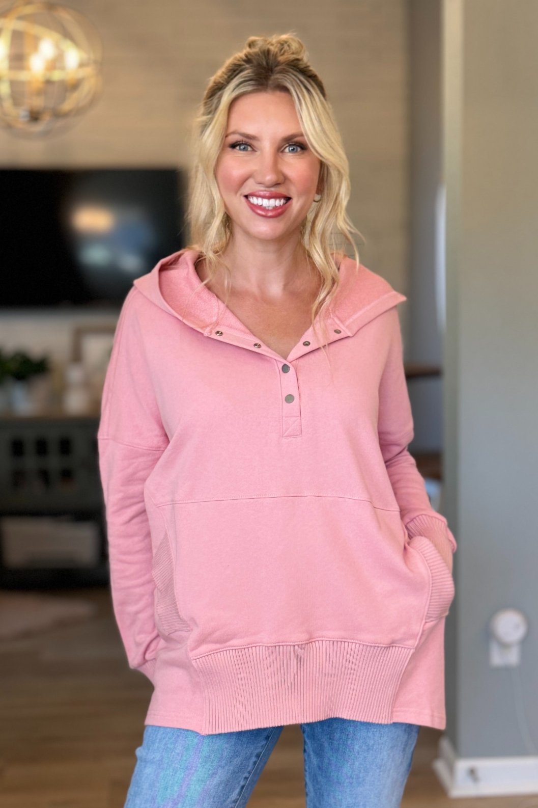 Kennley Cotton Candy Pink 100% Cotton Oversized Hoodie on Model