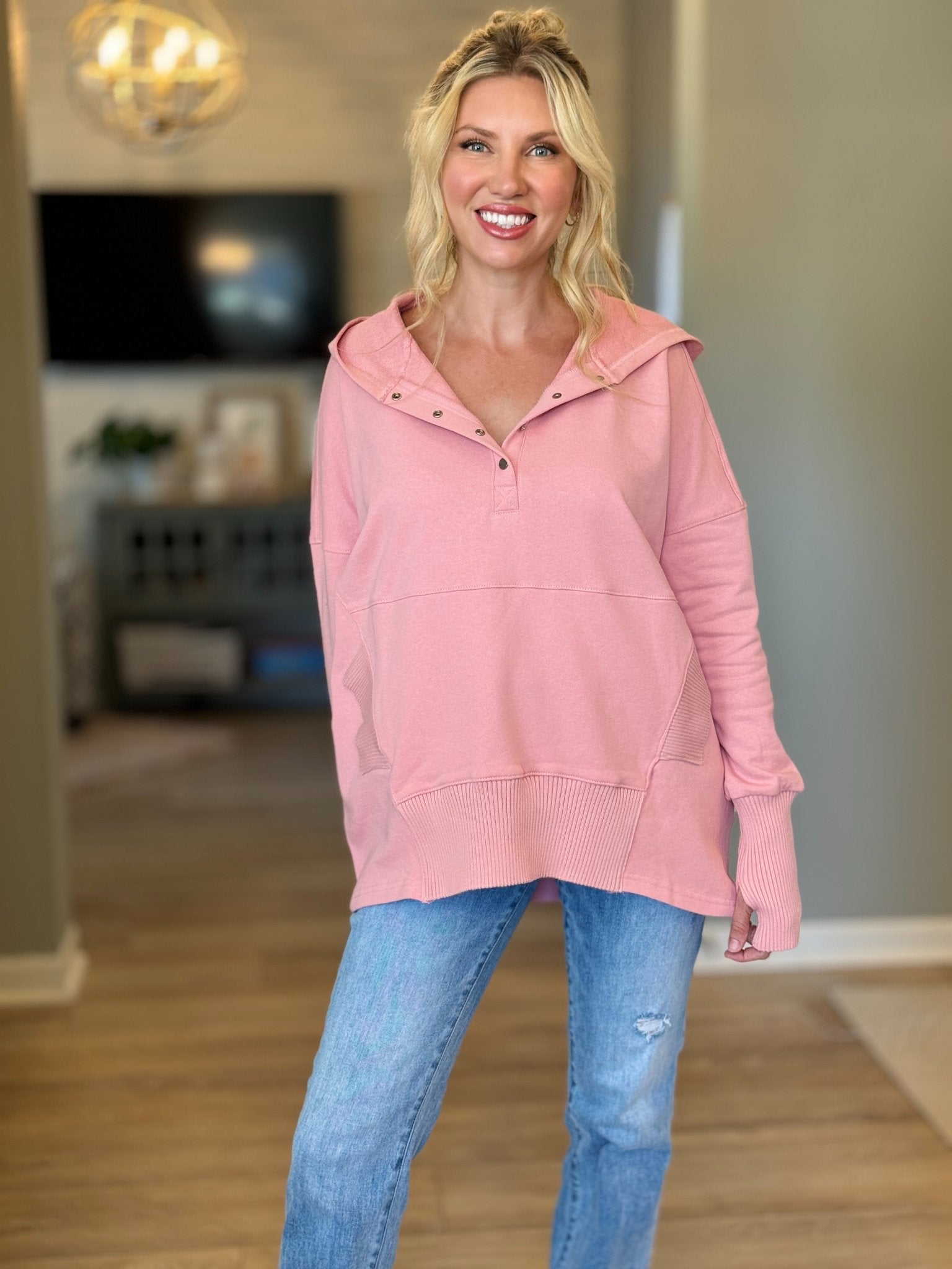 Kennley Cotton Candy Pink 100% Cotton Oversized Hoodie on Model