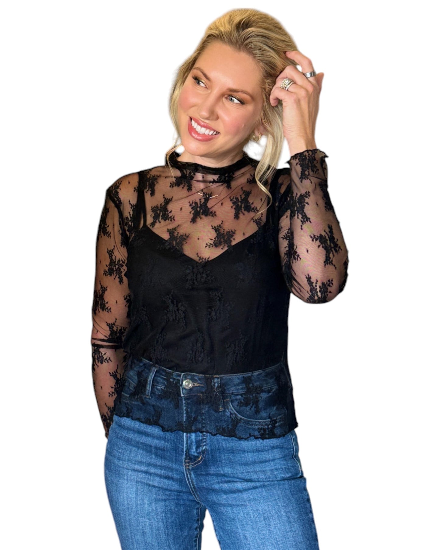 Floral Sheer Black Long Sleeve Top