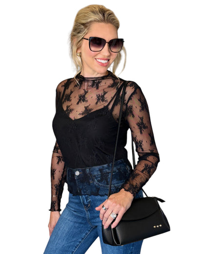 Floral Sheer Black Long Sleeve Top