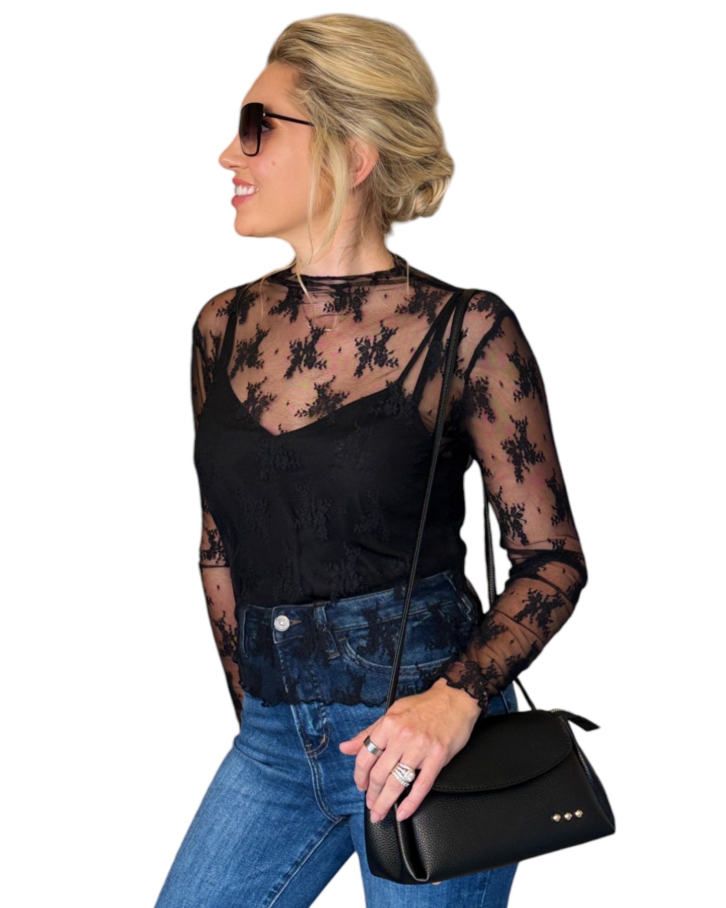 Floral Sheer Black Long Sleeve Top