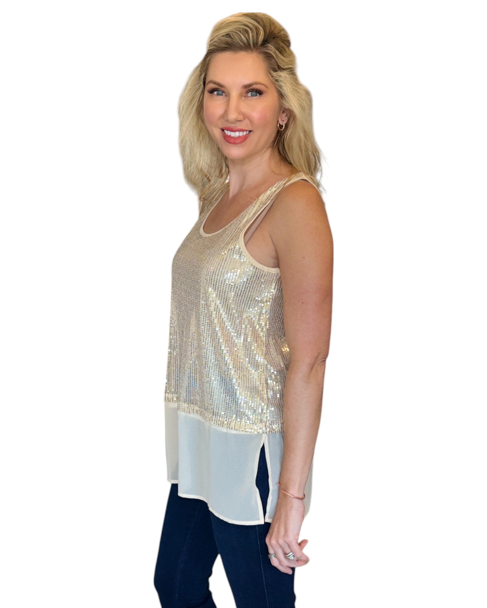 A Gold Dust Sequin and Chiffon Tank Top featuring shimmering gold sequins and a flowy chiffon hem, perfect for holiday parties and festive gatherings.