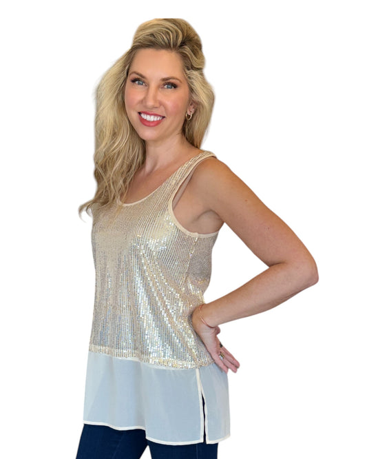 A Gold Dust Sequin and Chiffon Tank Top featuring shimmering gold sequins and a flowy chiffon hem, perfect for holiday parties and festive gatherings.