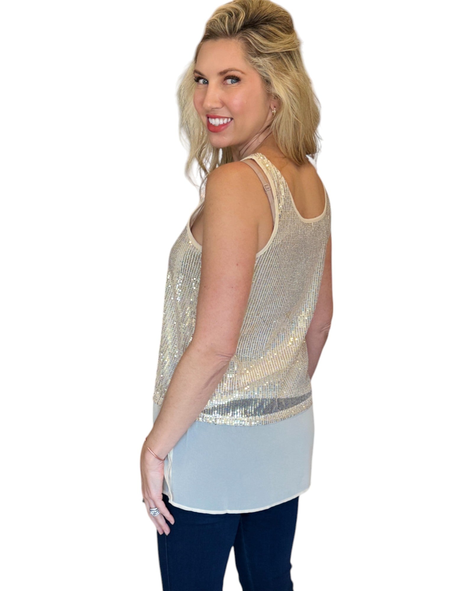 A Gold Dust Sequin and Chiffon Tank Top featuring shimmering gold sequins and a flowy chiffon hem, perfect for holiday parties and festive gatherings.