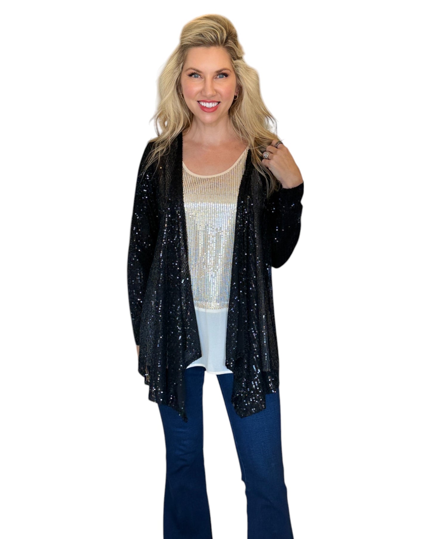 Black Sequin Open Cardigan Jacket
