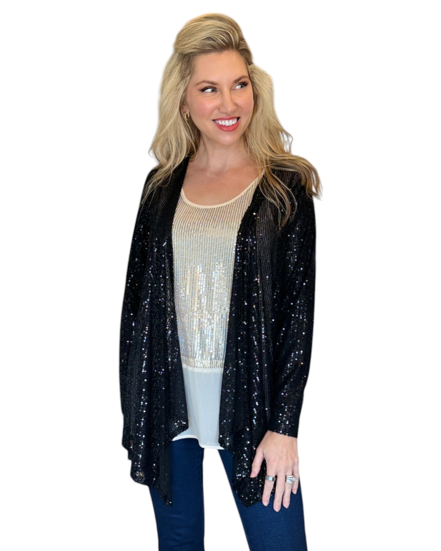 Black Sequin Open Cardigan Jacket