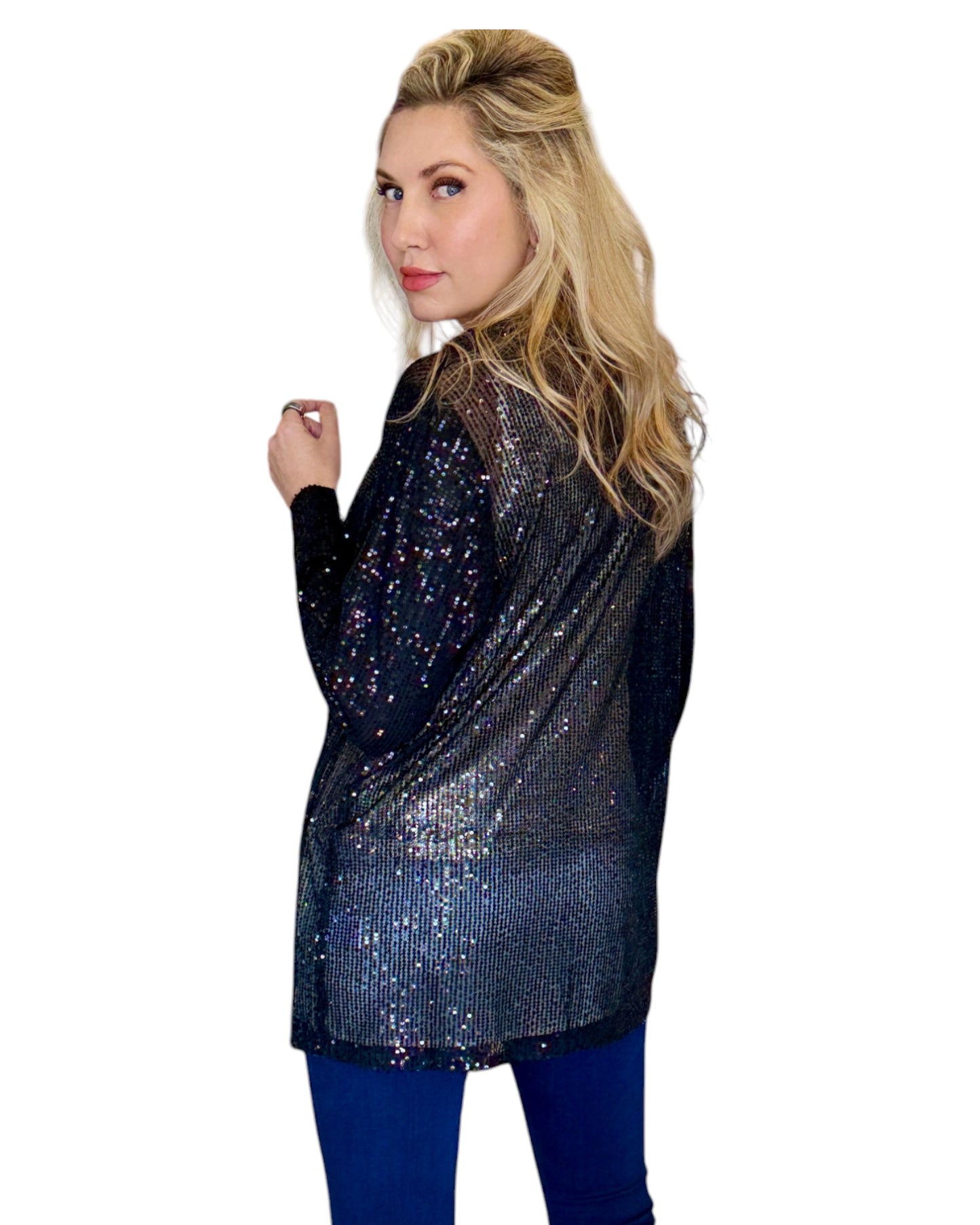 Black Sequin Open Cardigan Jacket