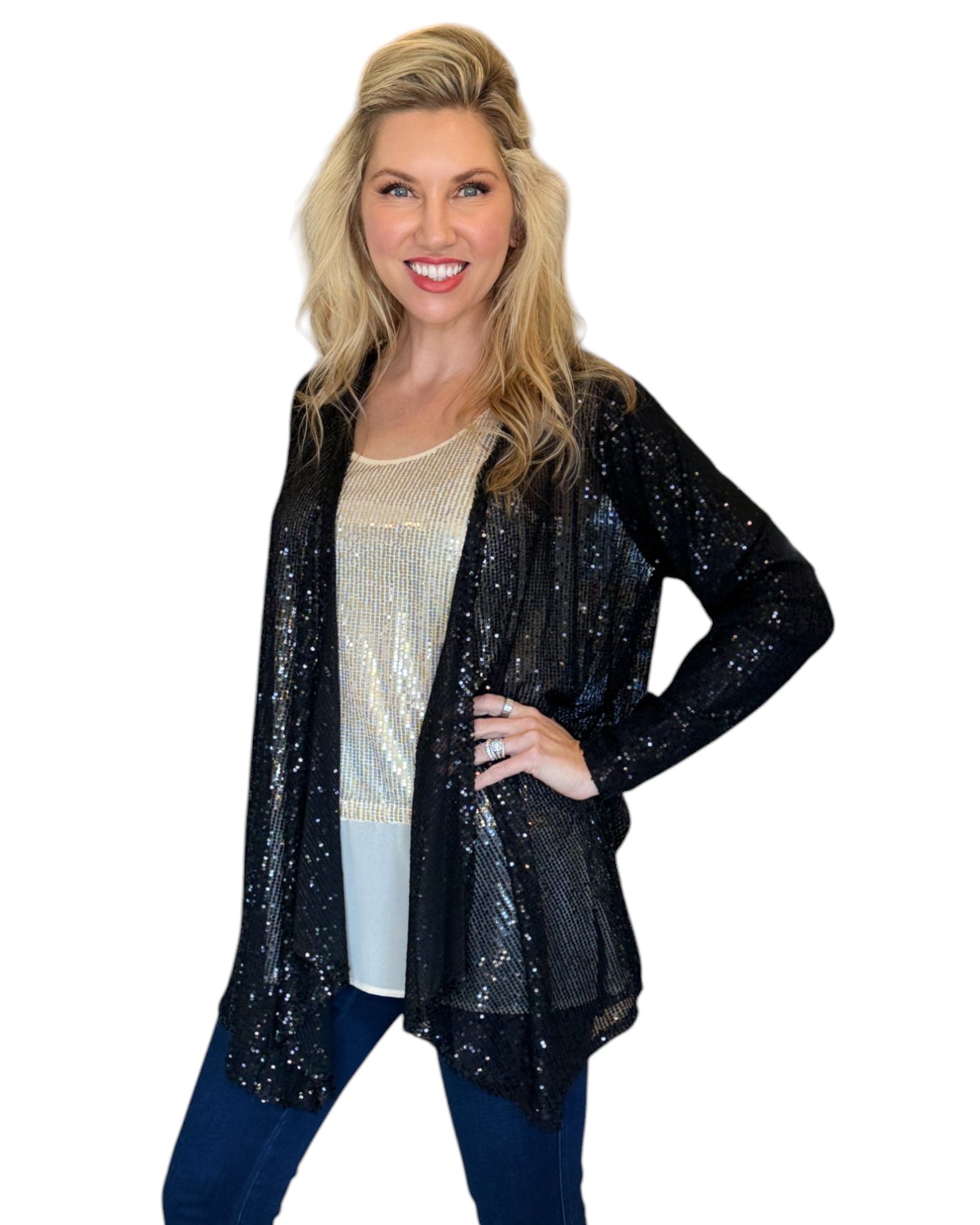 Black Sequin Open Cardigan Jacket