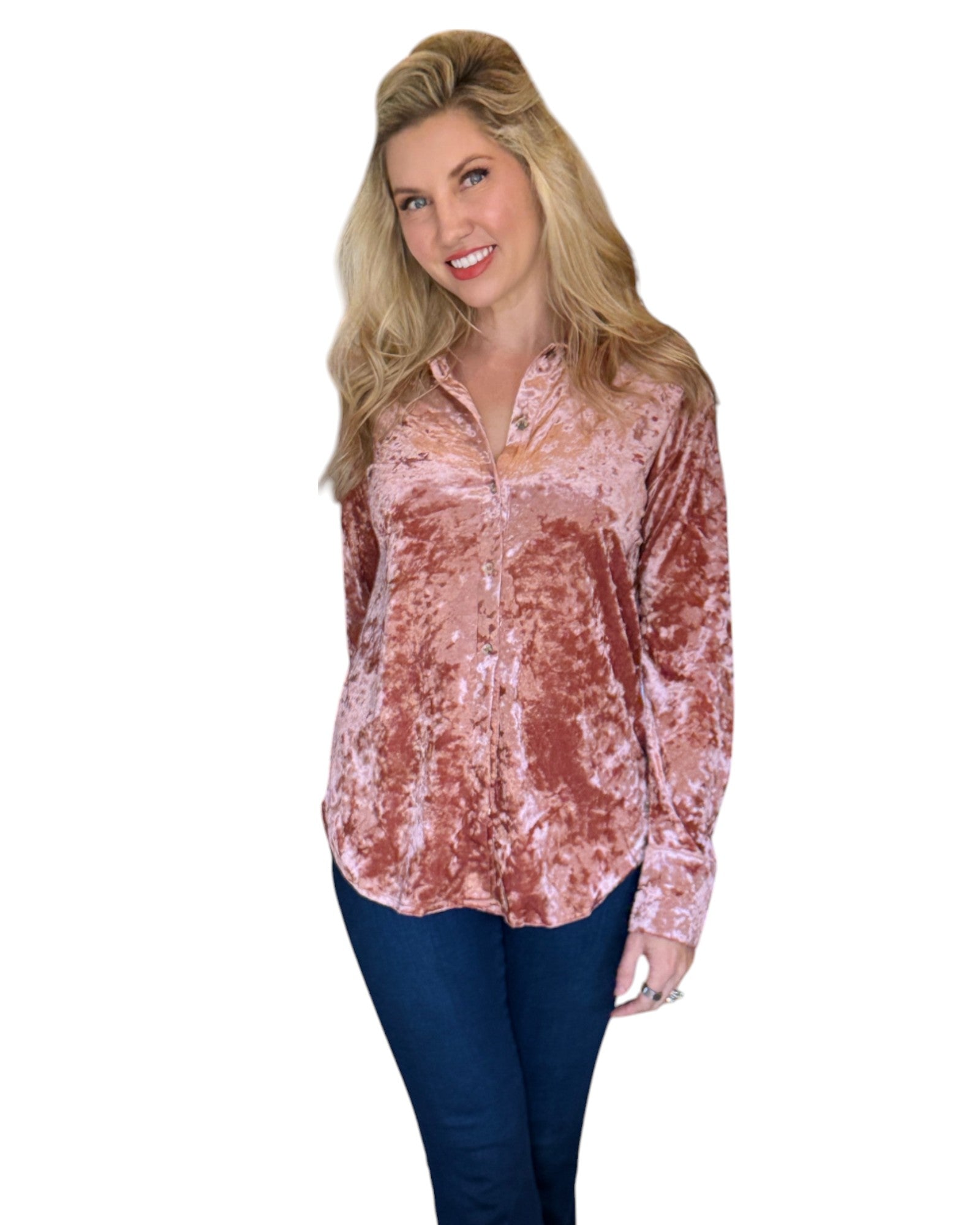 Woman wearing a Winter Rose Button-Down Velvet Shirt with a flattering, relaxed fit and button-front detail, perfect for holiday gatherings or a chic night out.
