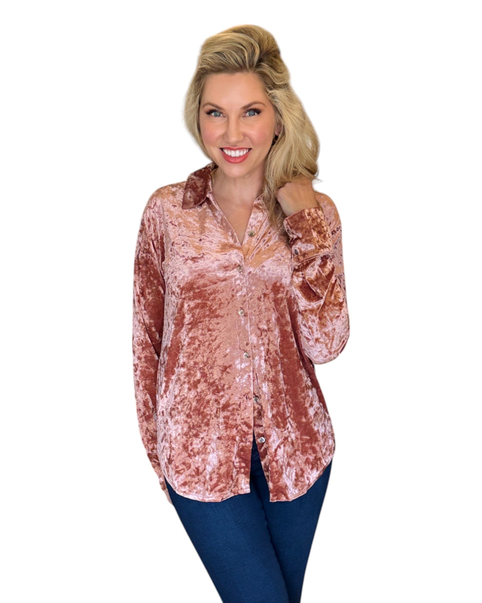 Woman wearing a Winter Rose Button-Down Velvet Shirt with a flattering, relaxed fit and button-front detail, perfect for holiday gatherings or a chic night out.