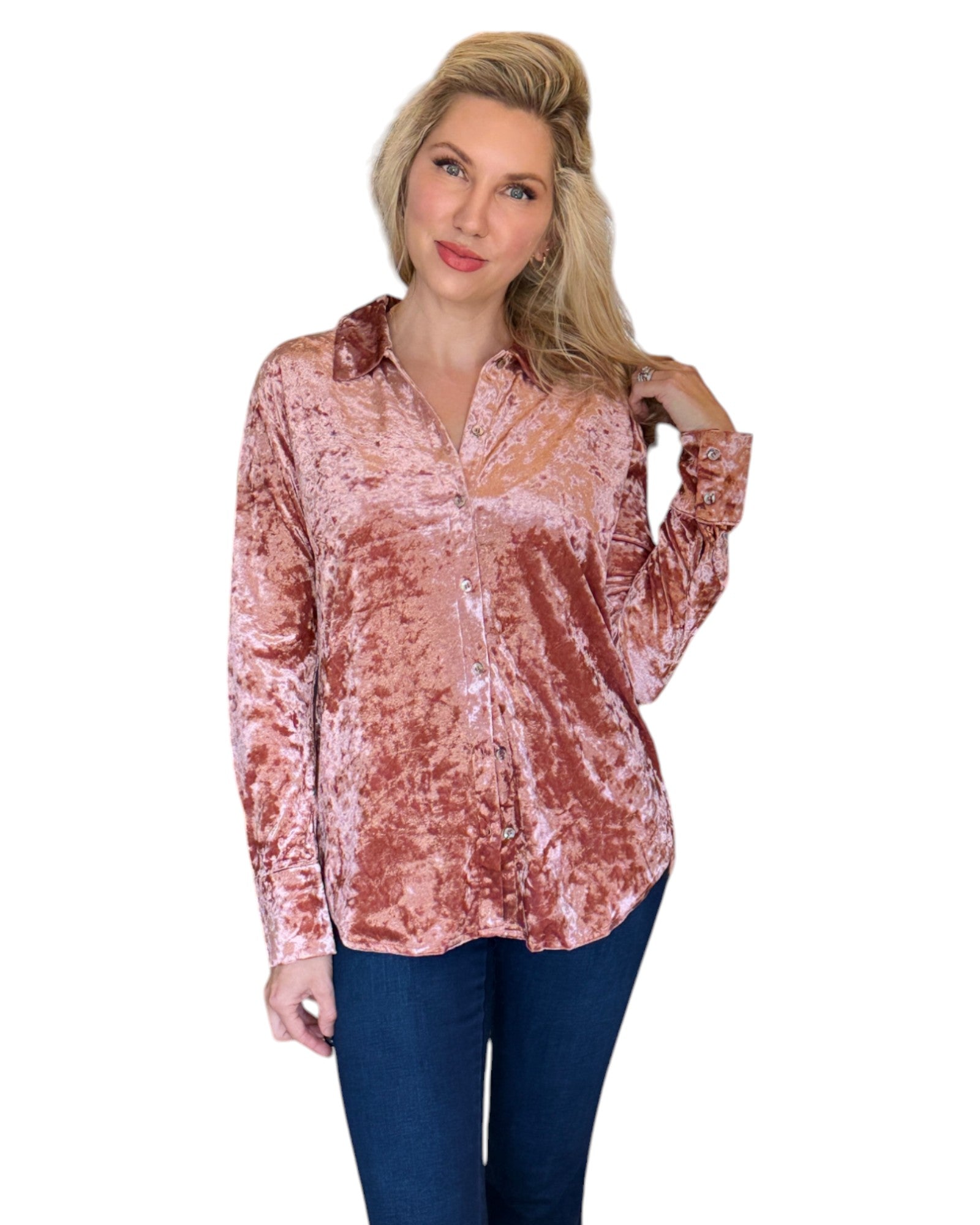 Woman wearing a Winter Rose Button-Down Velvet Shirt with a flattering, relaxed fit and button-front detail, perfect for holiday gatherings or a chic night out.