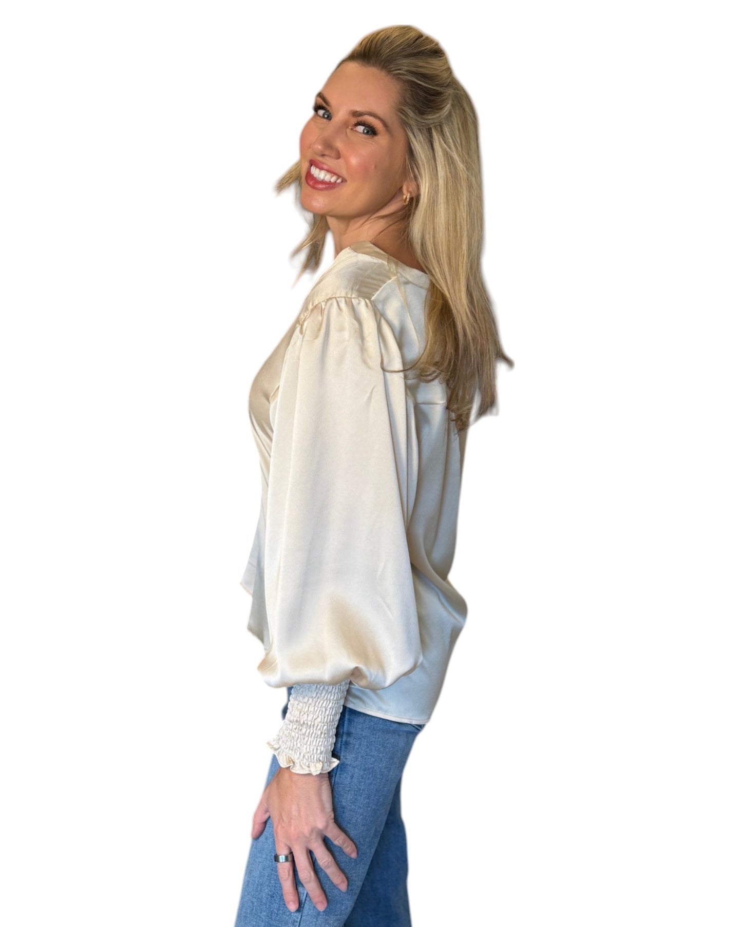 Champagne Satin V-Neck Tunic Blouse