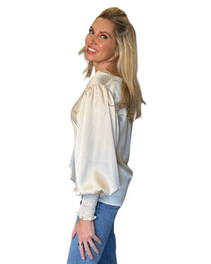 Champagne Satin V-Neck Tunic Blouse