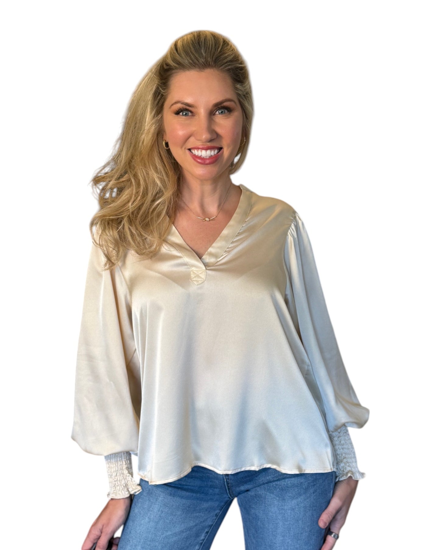 Champagne Satin V-Neck Tunic Blouse