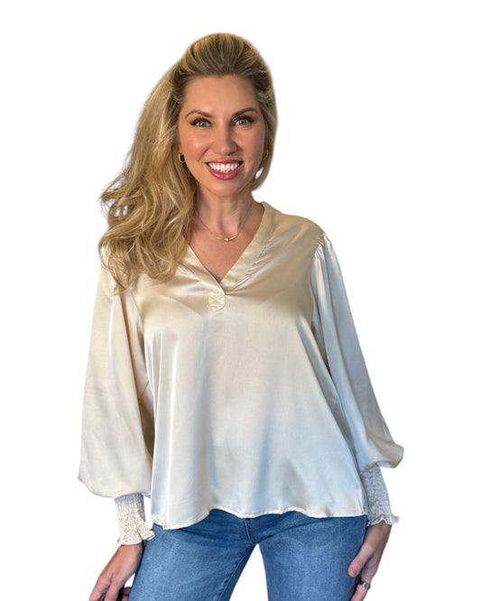 Champagne Satin V-Neck Tunic Blouse
