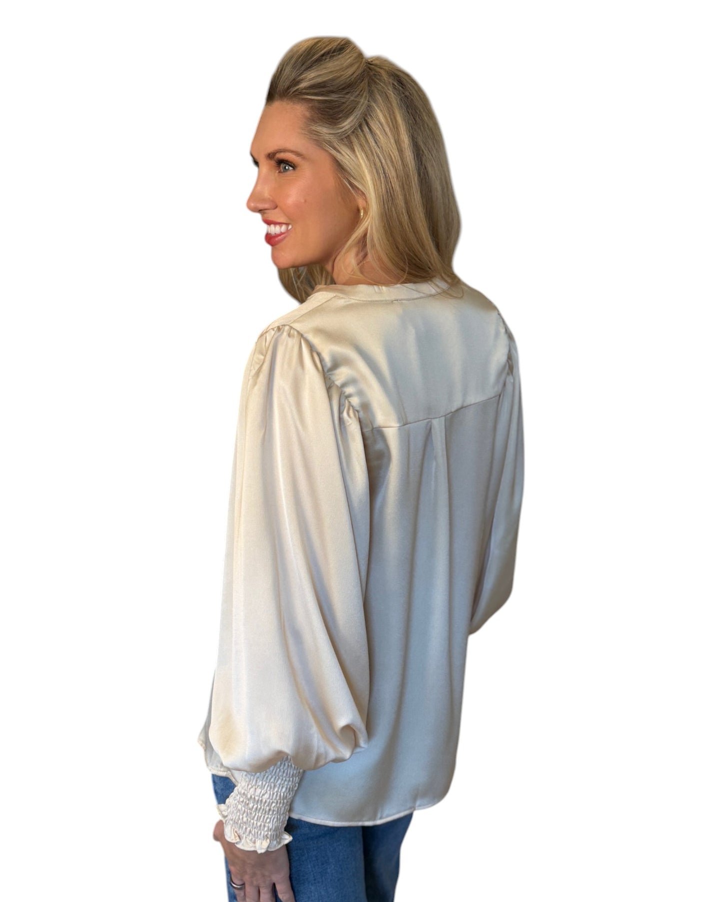Champagne Satin V-Neck Tunic Blouse