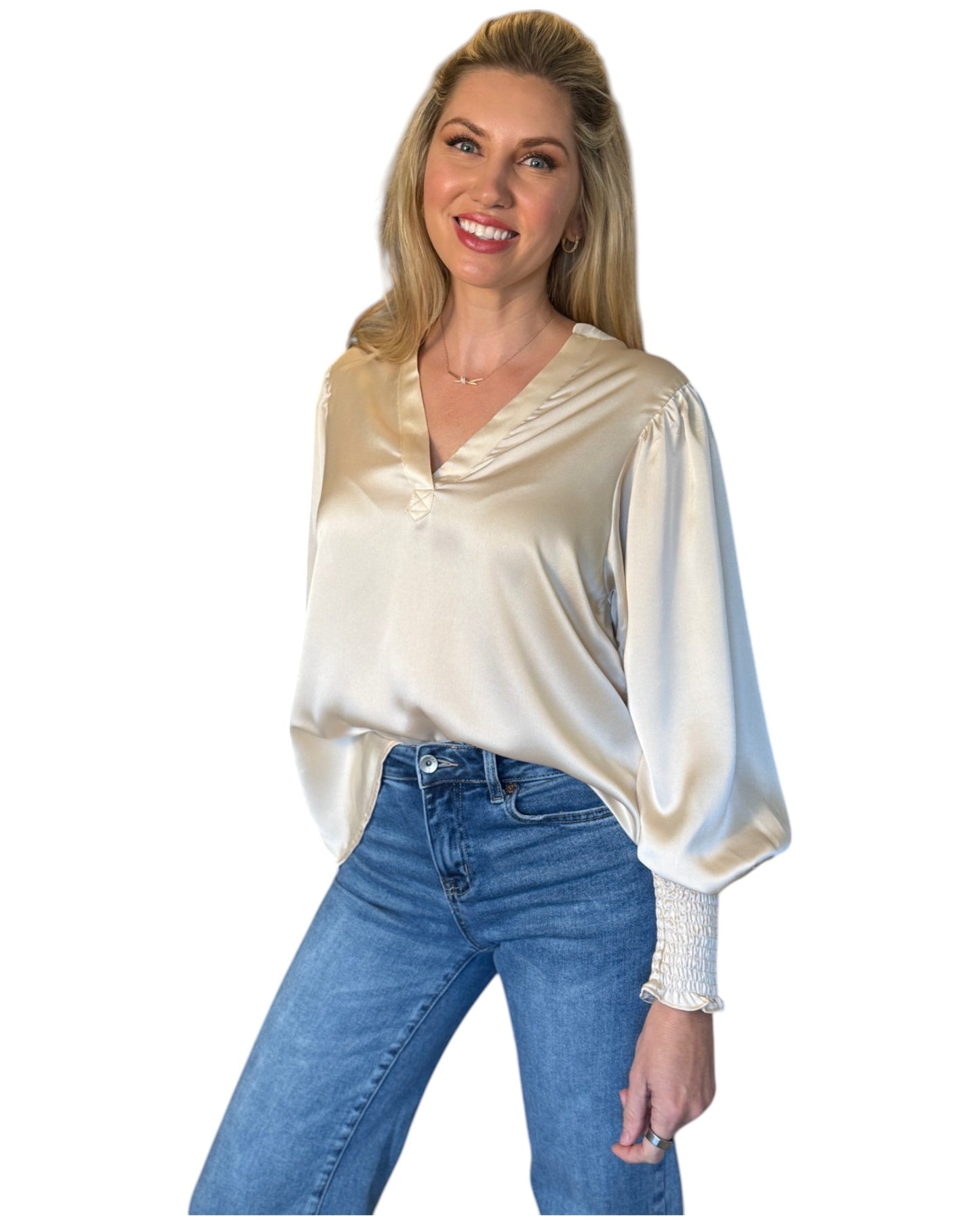 Champagne Satin V-Neck Tunic Blouse