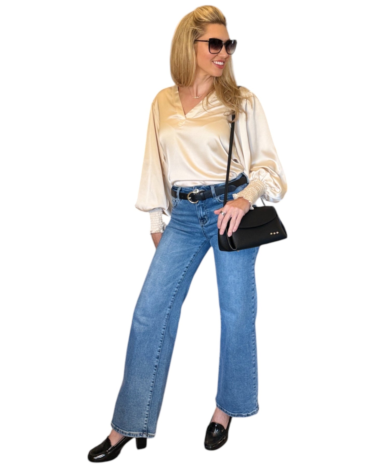Champagne Satin V-Neck Tunic Blouse