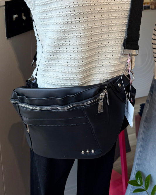 Oversized black bum bag with silver hardware. 