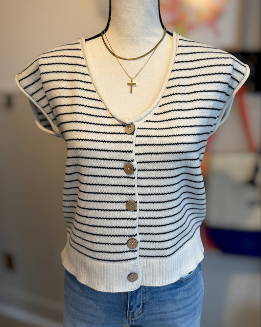 Navy and Cream Striped Short Sleeve Cardigan