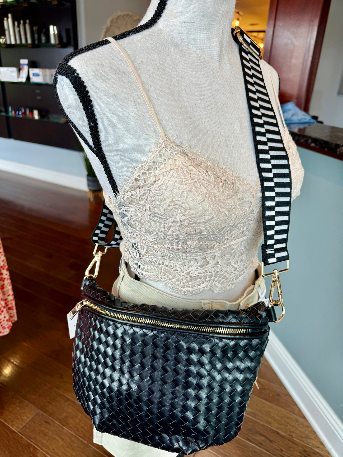 Black Weekender Woven Crossbody Bag