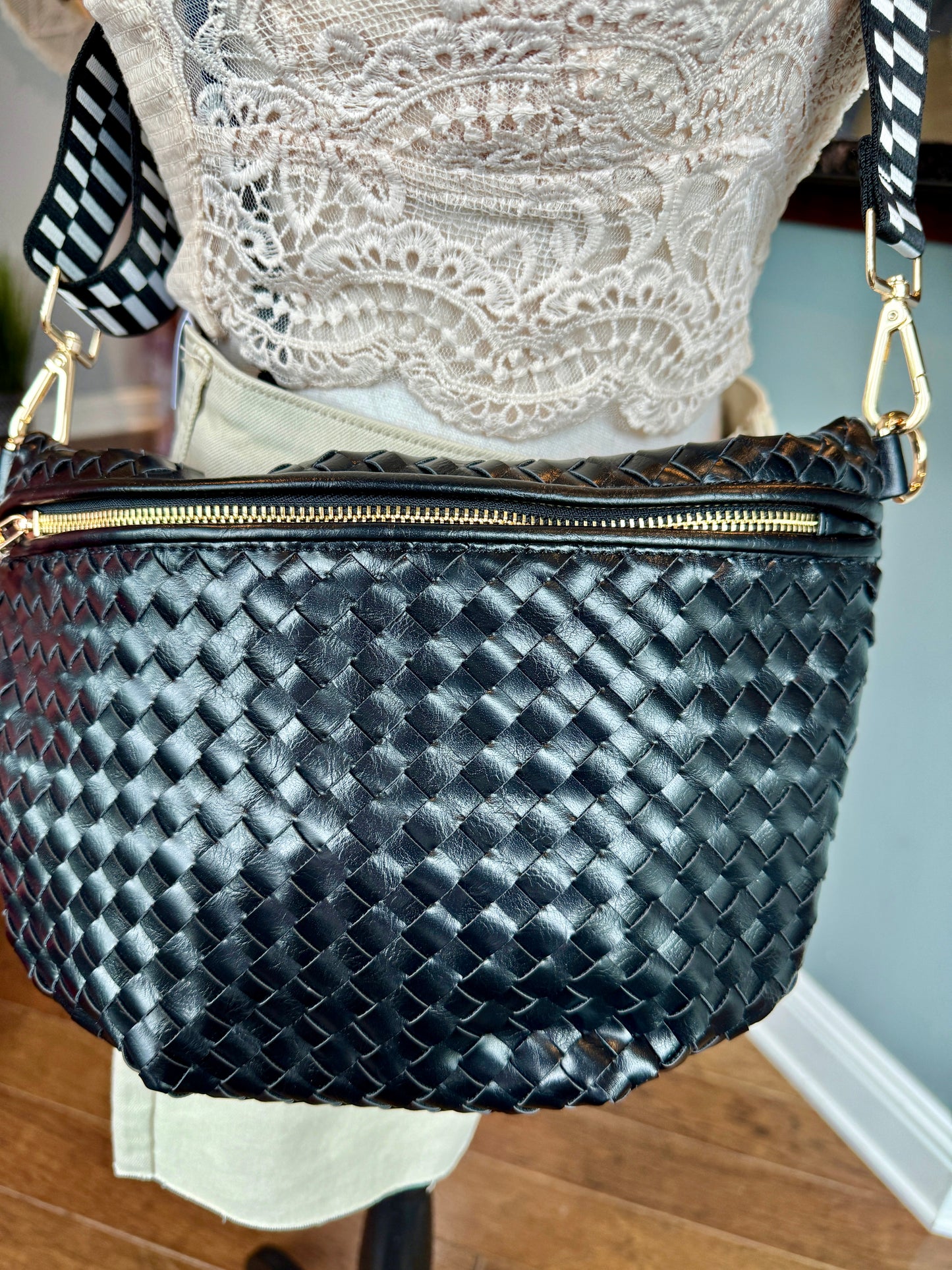 Black Weekender Woven Crossbody Bag